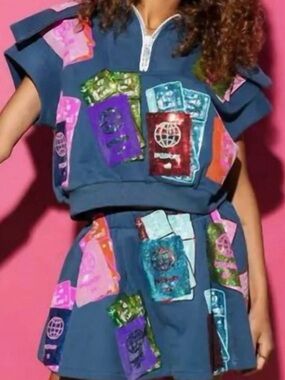 QUEEN OF SPARKLES Blue Two-Piece Skirt Set with Multicolor Patch Graphics